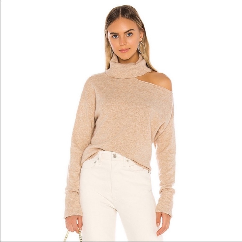 PAIGE Raundi wool blend turtleneck tan sweater with shoulder cut out